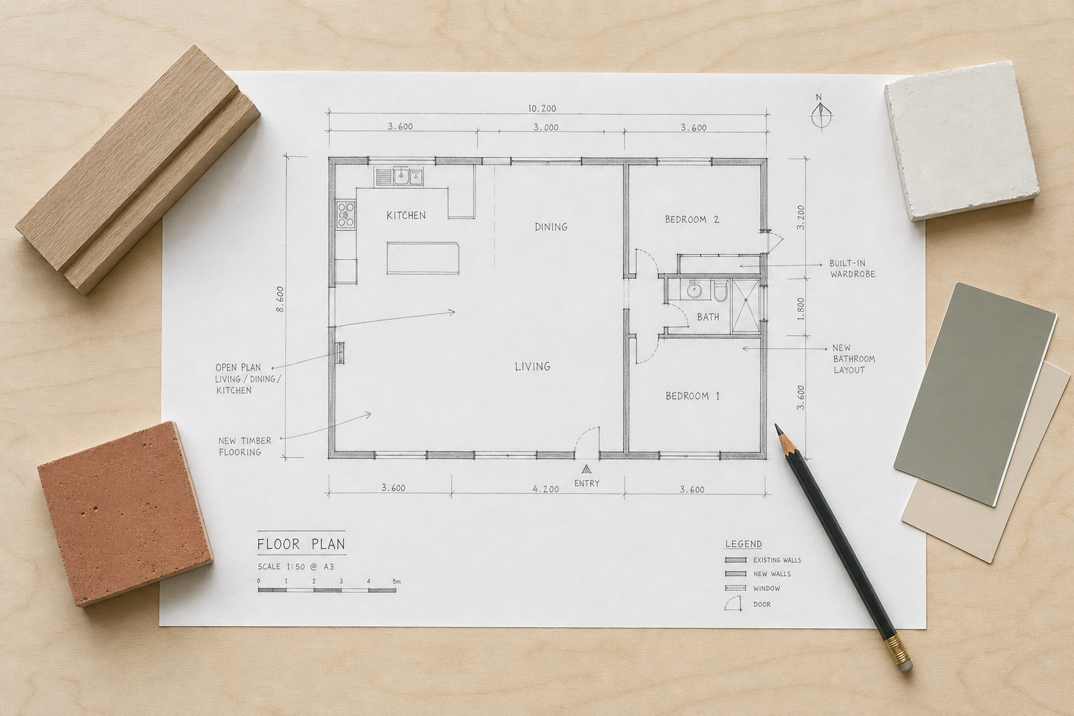 Architectural floor plan with a pencil, wood samples, and colour swatches on a wooden surface.