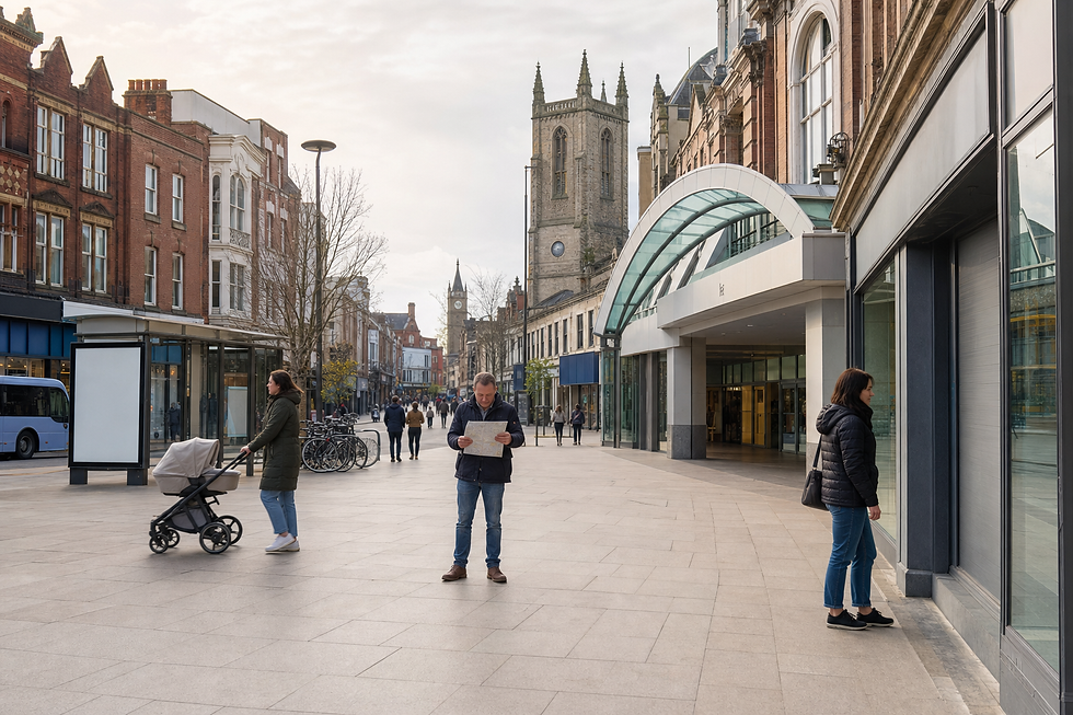 People walking in a pedestrian street with historic buildings and a modern shopping entrance in the background.