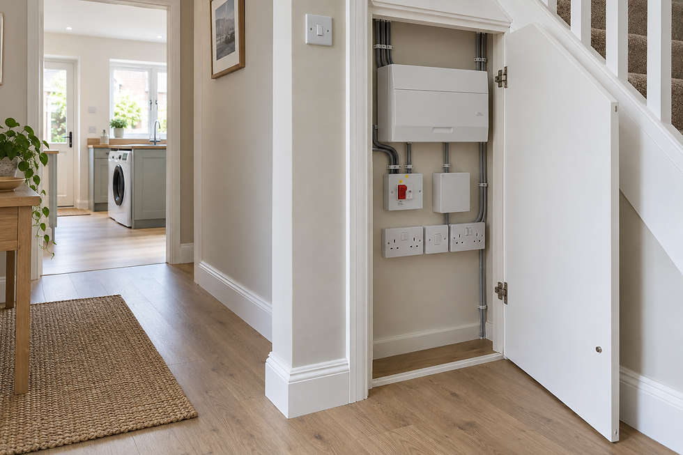 An open cupboard under the stairs reveals electrical circuit boxes and sockets in a tidy, light-filled home hallway.
