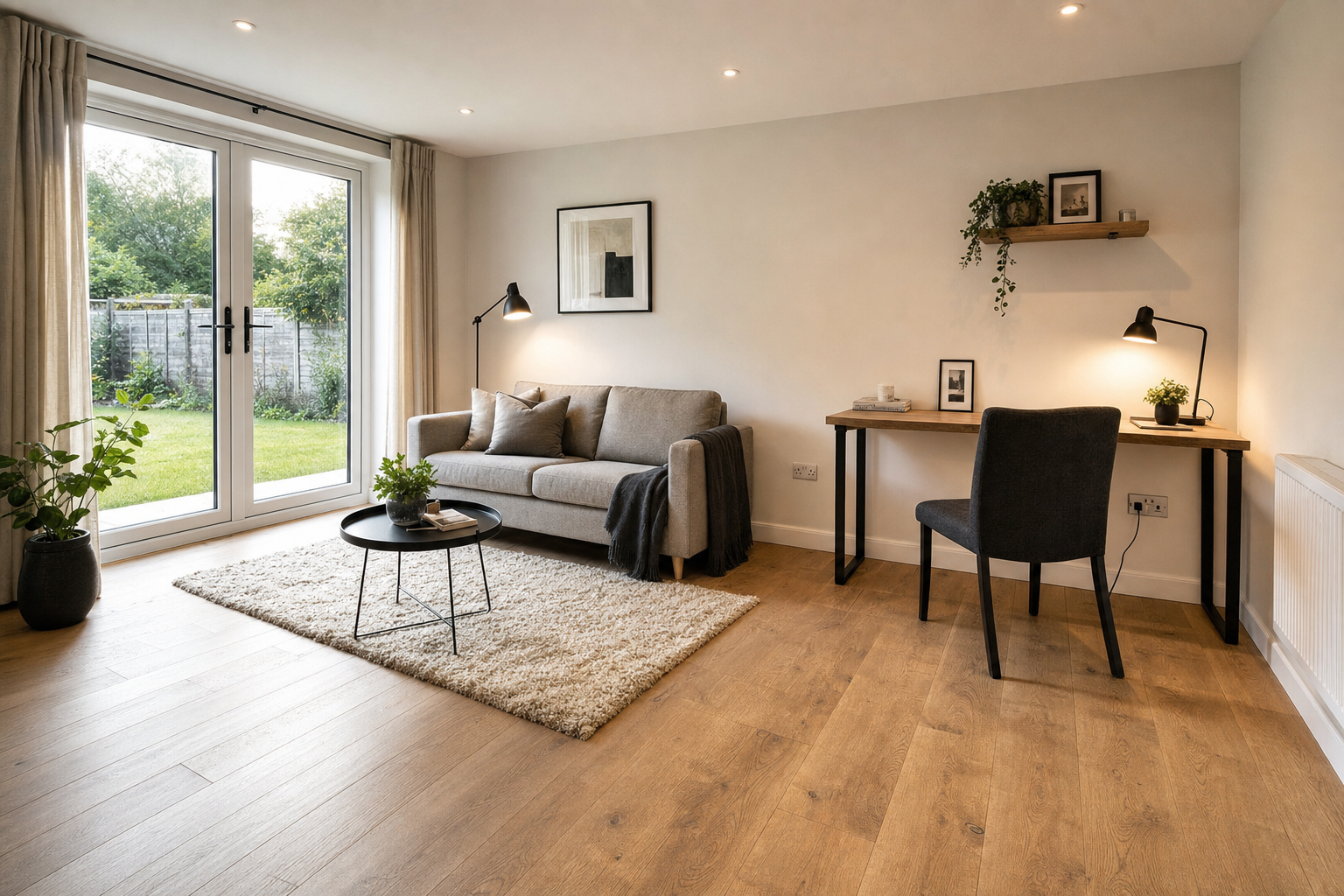 Modern living room with a grey sofa, desk, and large glass doors opening to a garden.