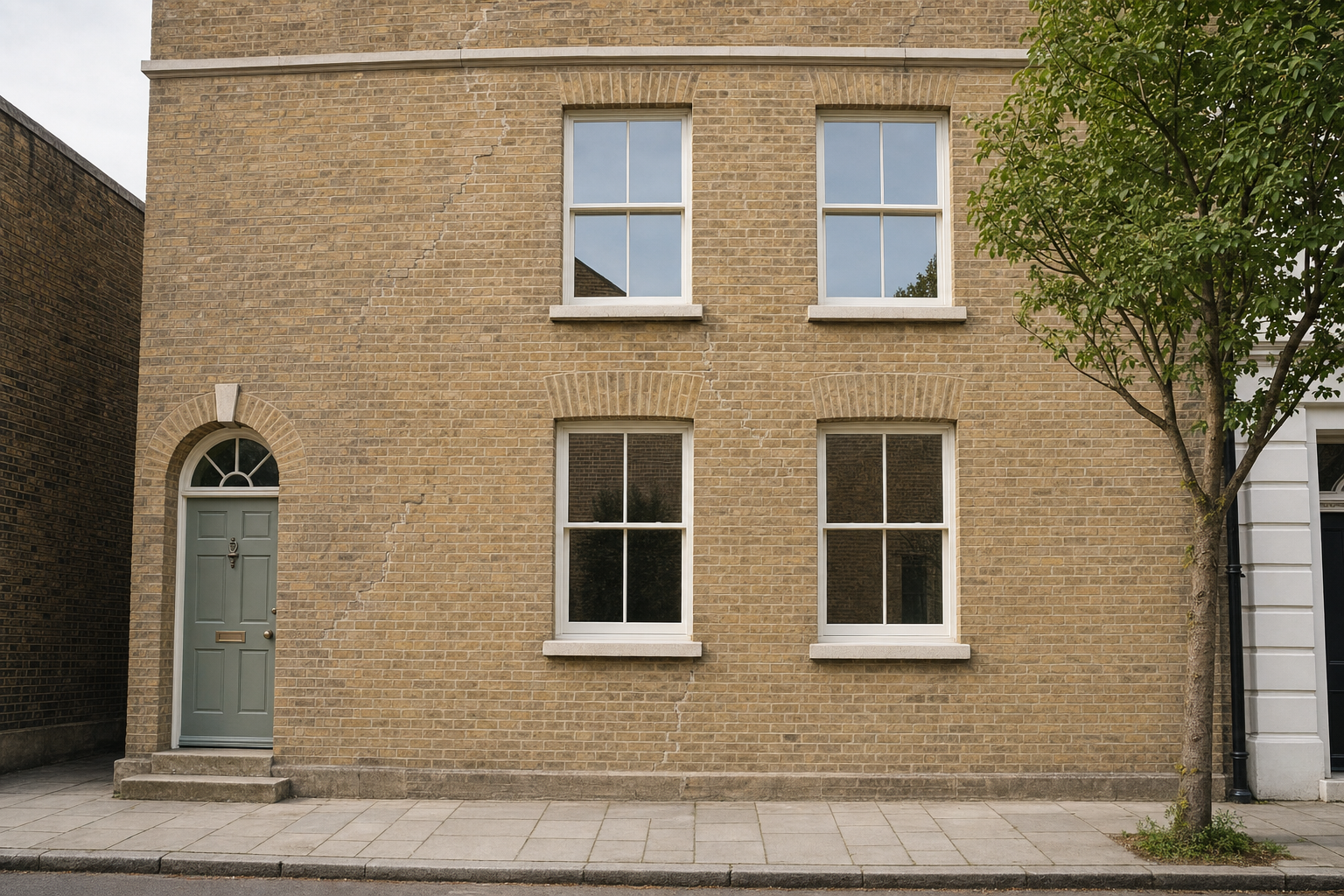 A brick terraced house with a green door and multiple windows, next to a tree on a quiet street.