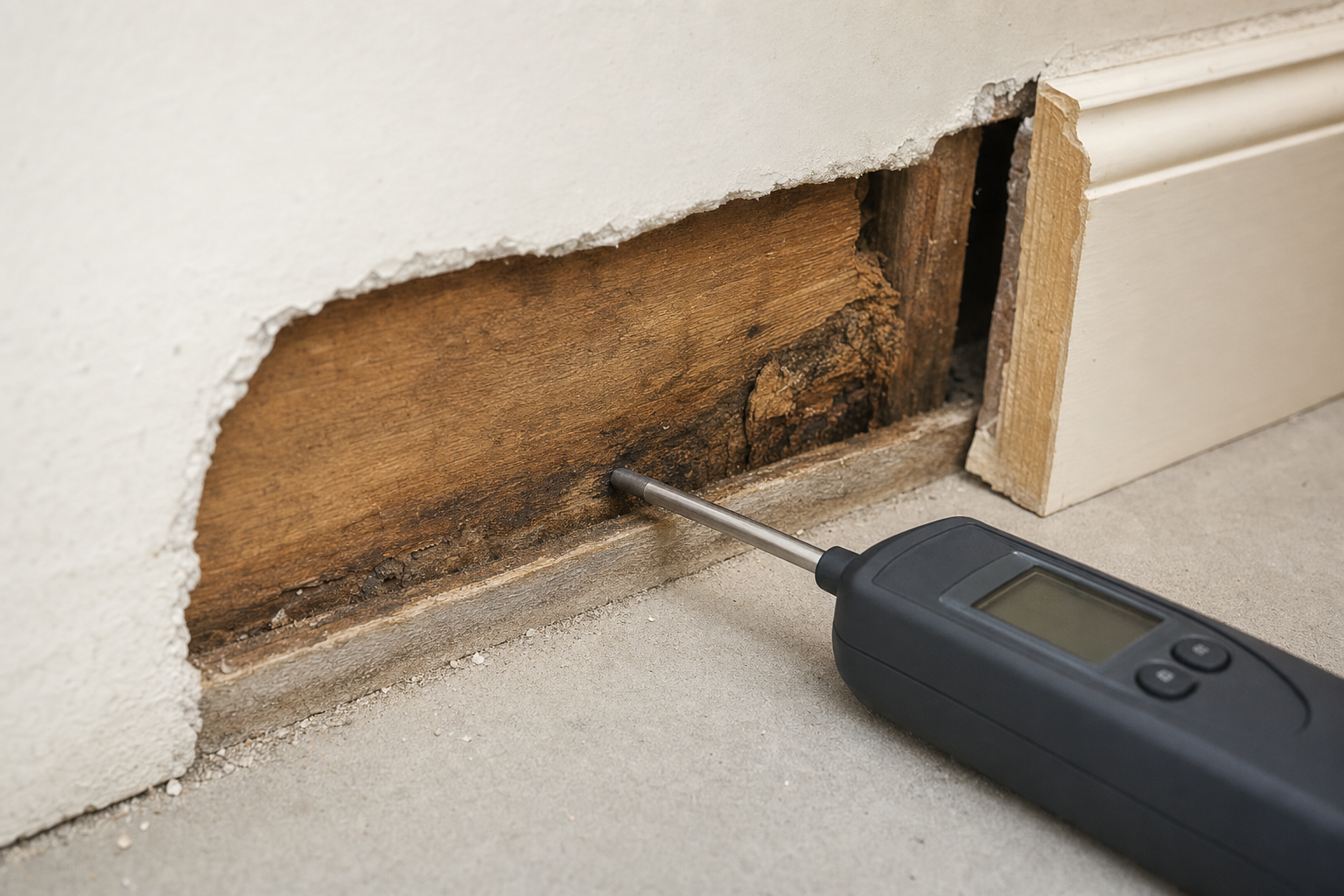 A moisture meter is inserted into decaying wood behind damaged plaster near a skirting board.