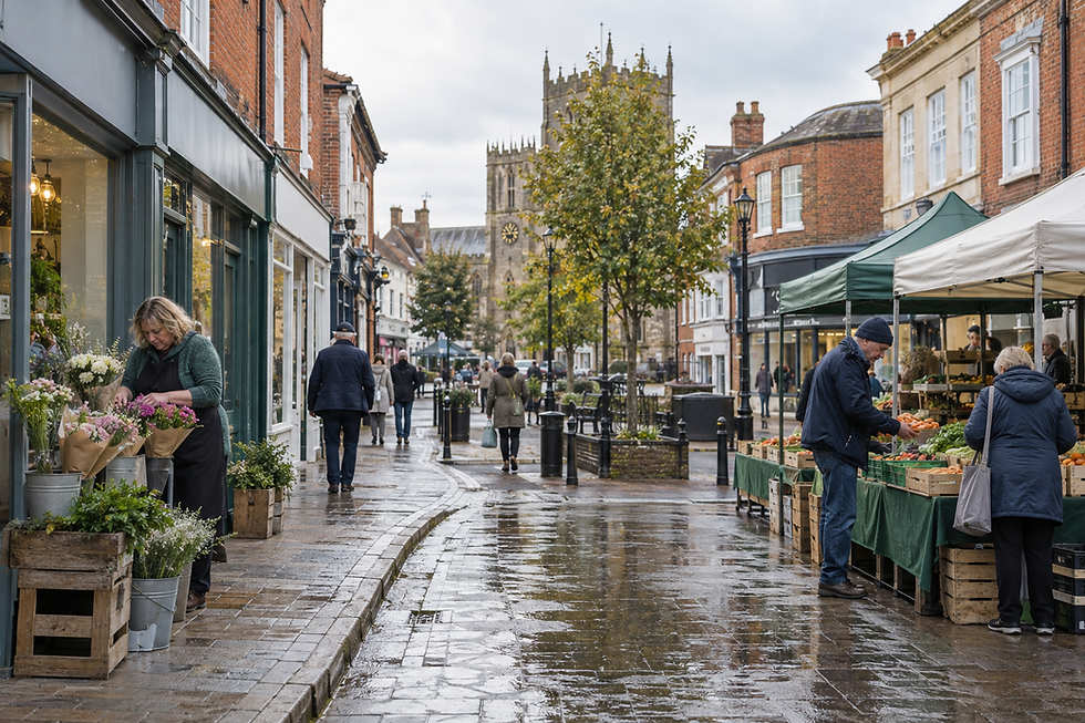 A quaint market street with a florist and produce stalls, leading to a church in the background on a wet day.