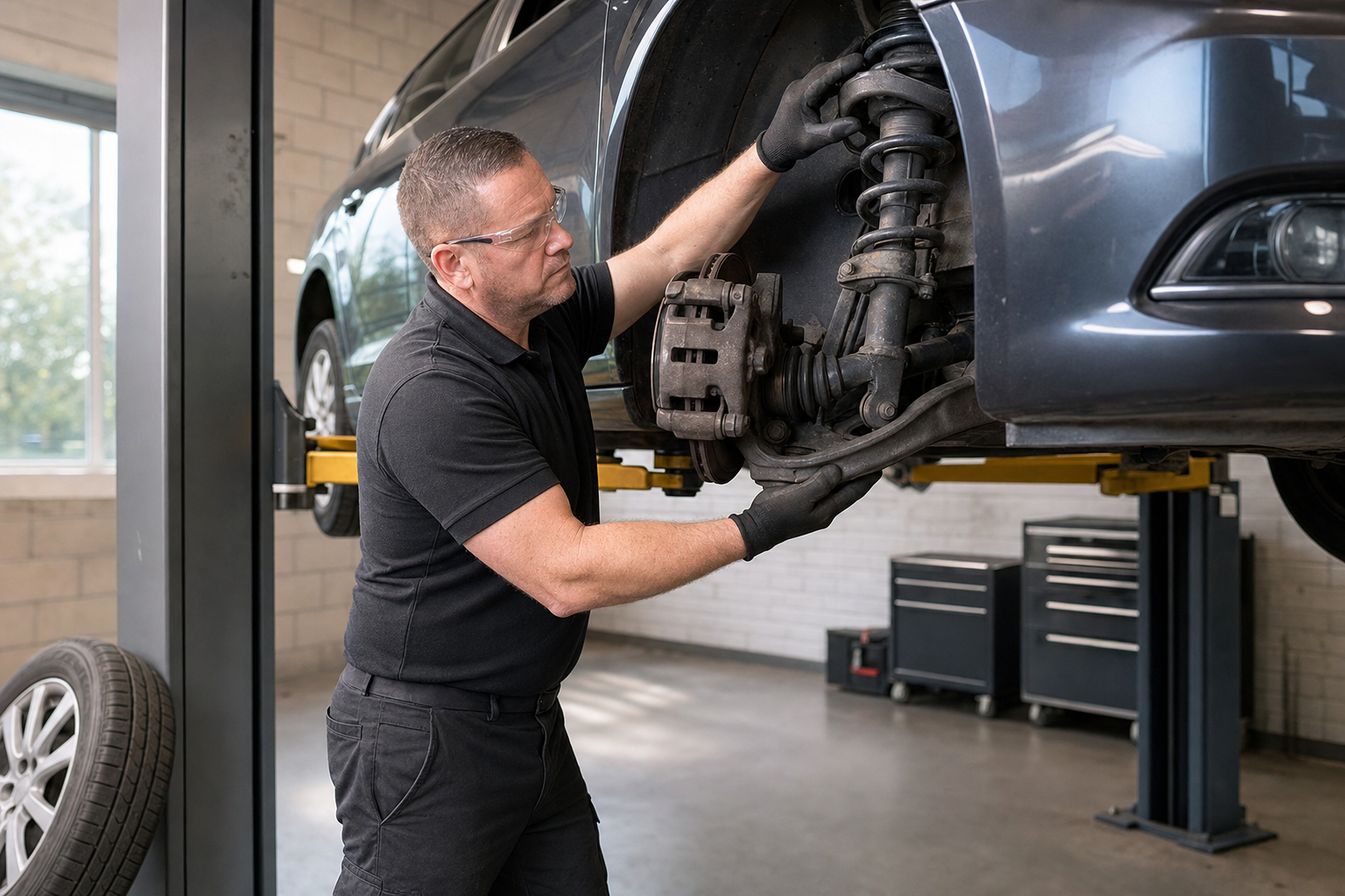 Mechanic inspecting the suspension of a car lifted on a hydraulic jack in a garage