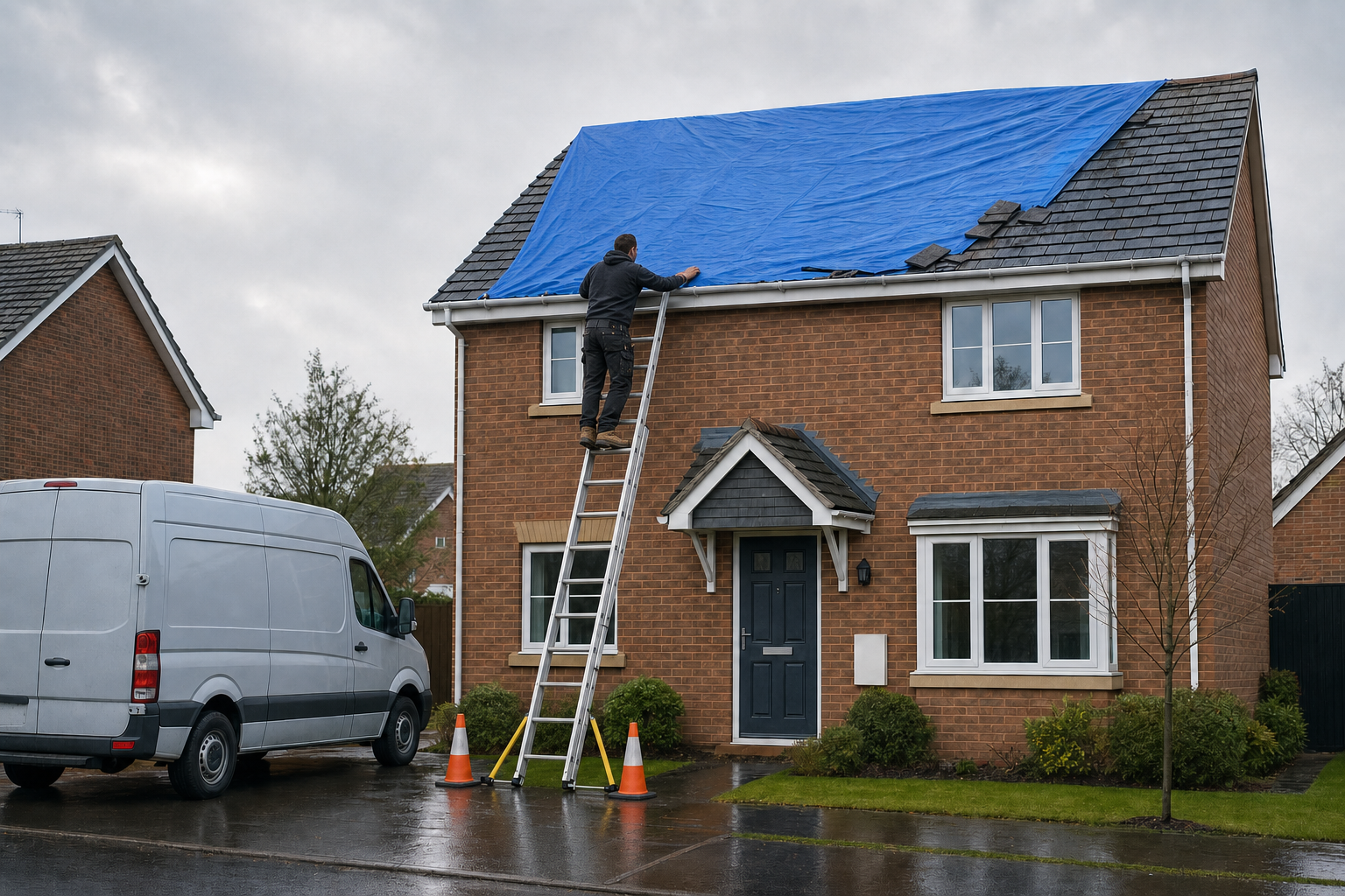 A worker on a ladder secures a blue tarp over a damaged roof of a brick house, with a white van parked nearby.