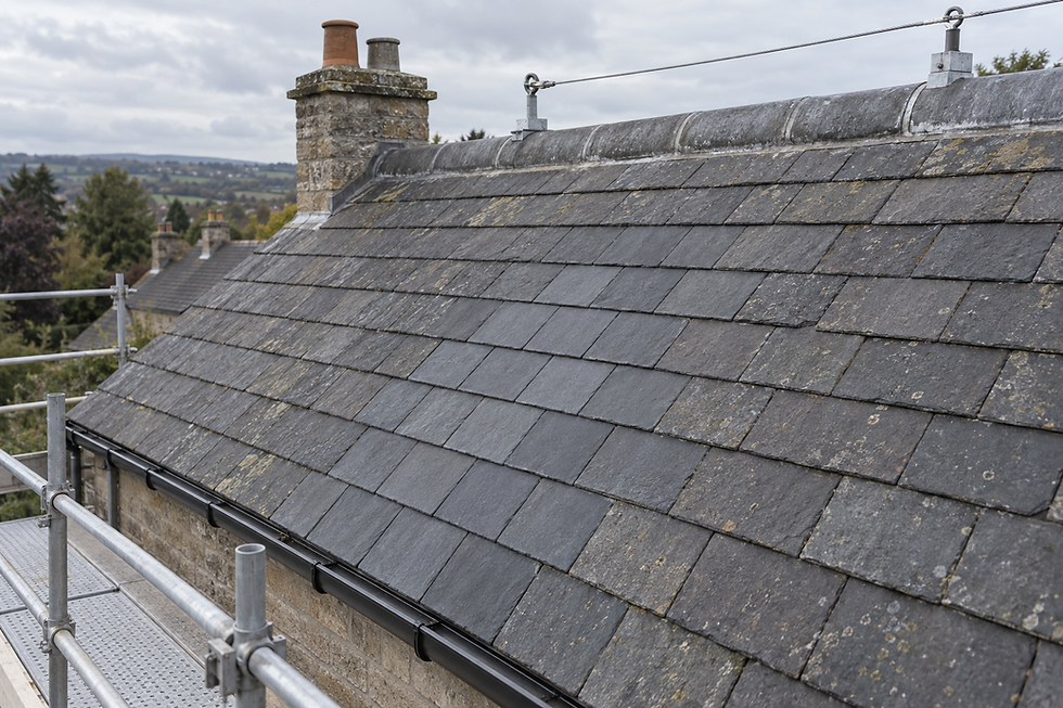 Old slate roof with chimney and scaffolding, set against a cloudy countryside landscape.