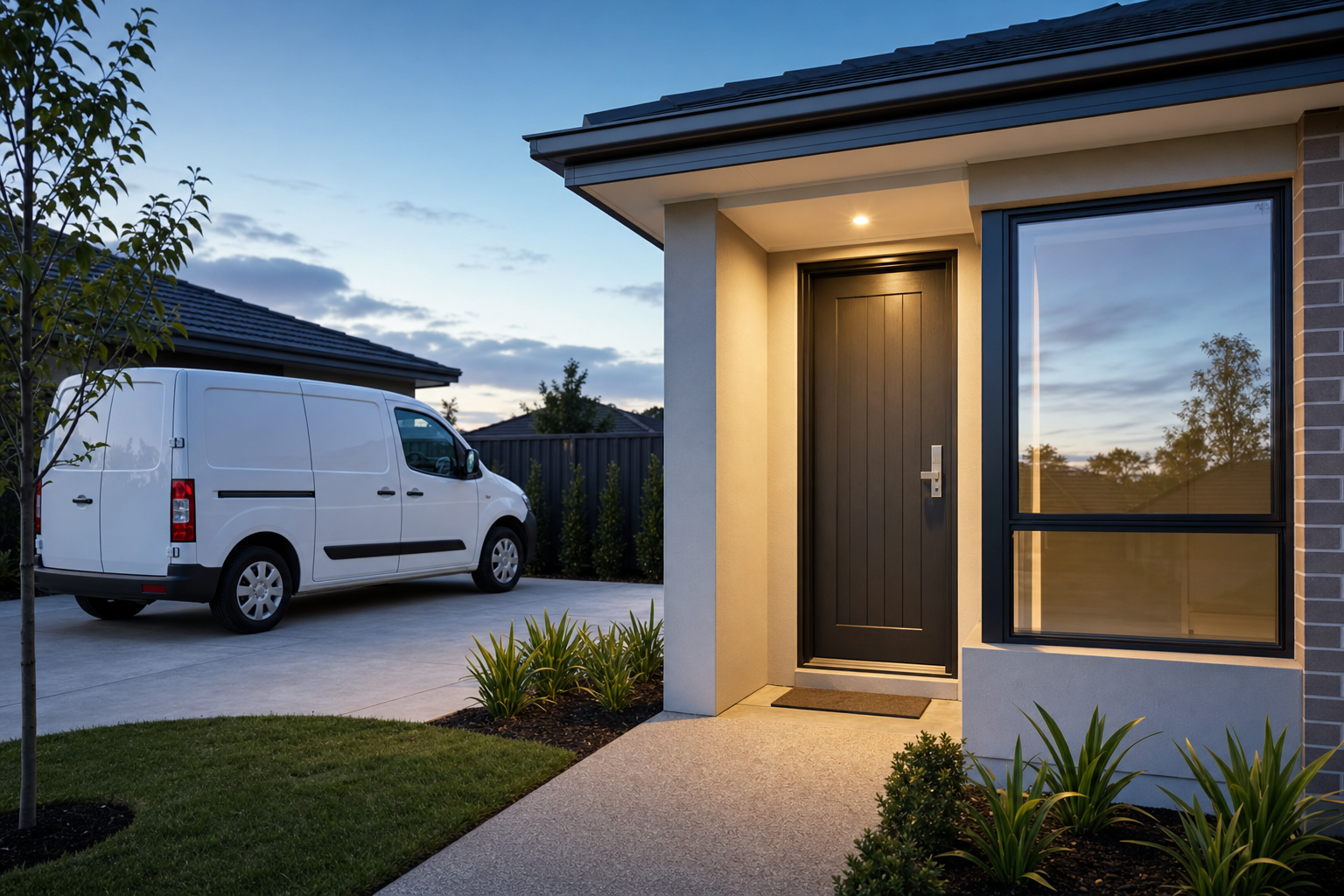 A white van parked in a modern home's driveway at twilight.