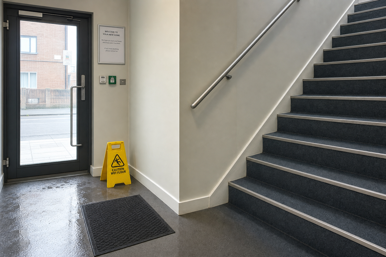 Stairwell entrance with wet floor sign and visible raindrops on the flooring.