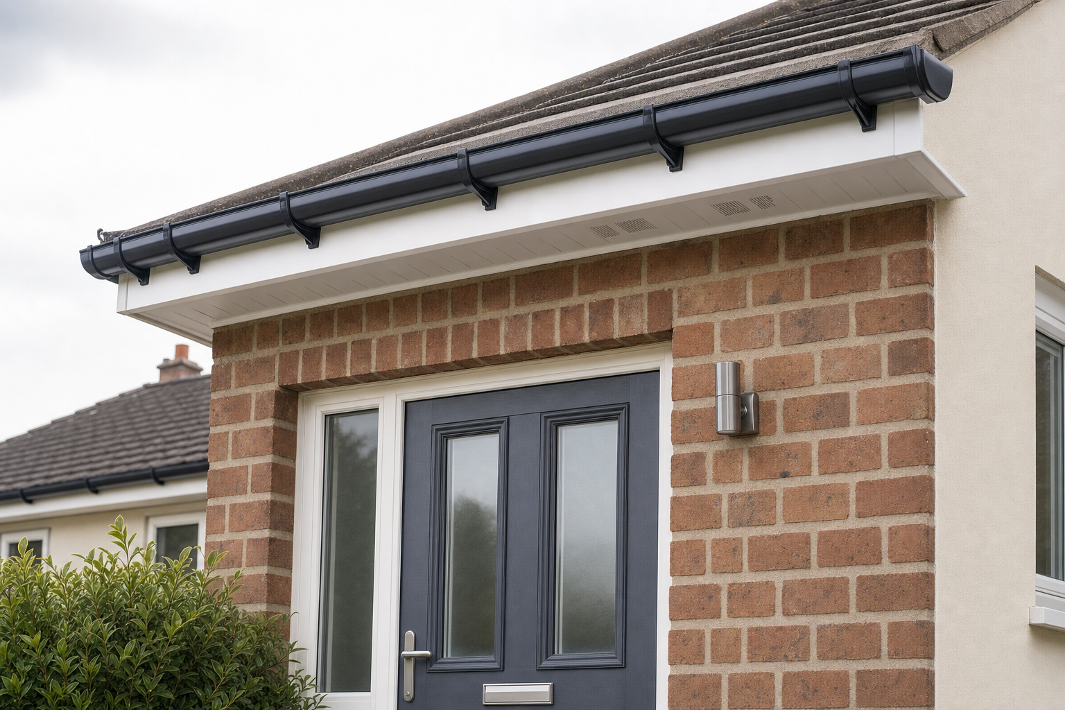 Brick house entrance with a grey door, white trim, black guttering, and a modern wall light.