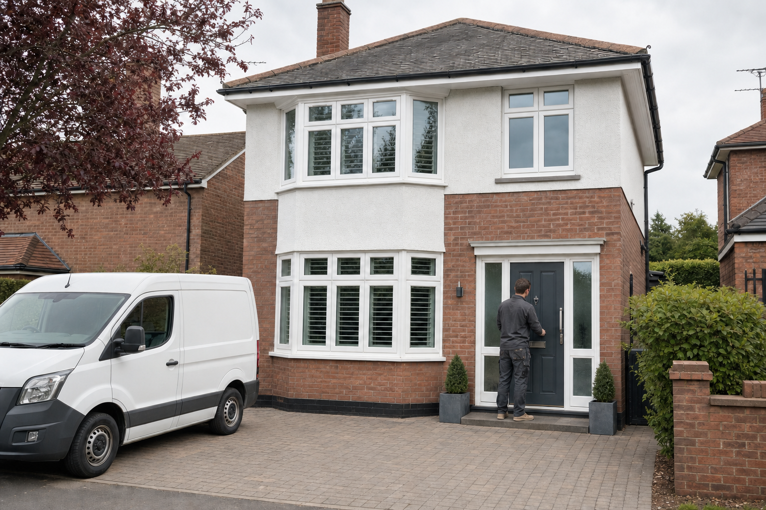 A man stands at the front door of a brick house with a parked white van on the driveway.
