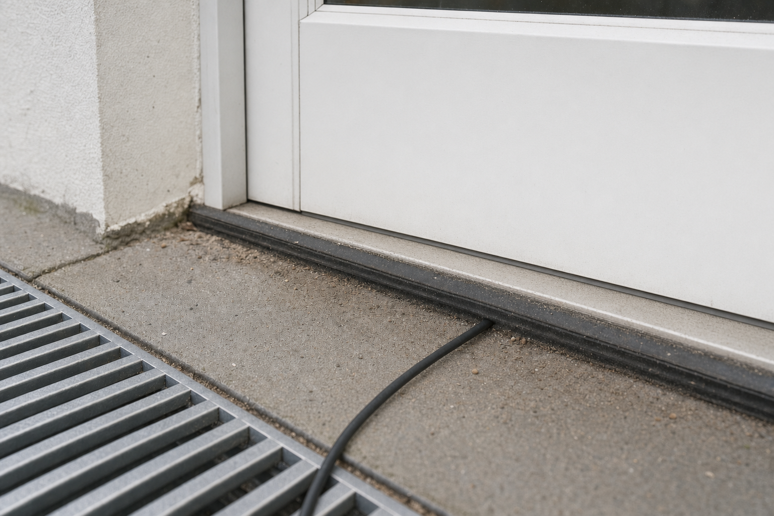 A black cable runs across a concrete floor and enters a gap under a white door next to a metal grate.