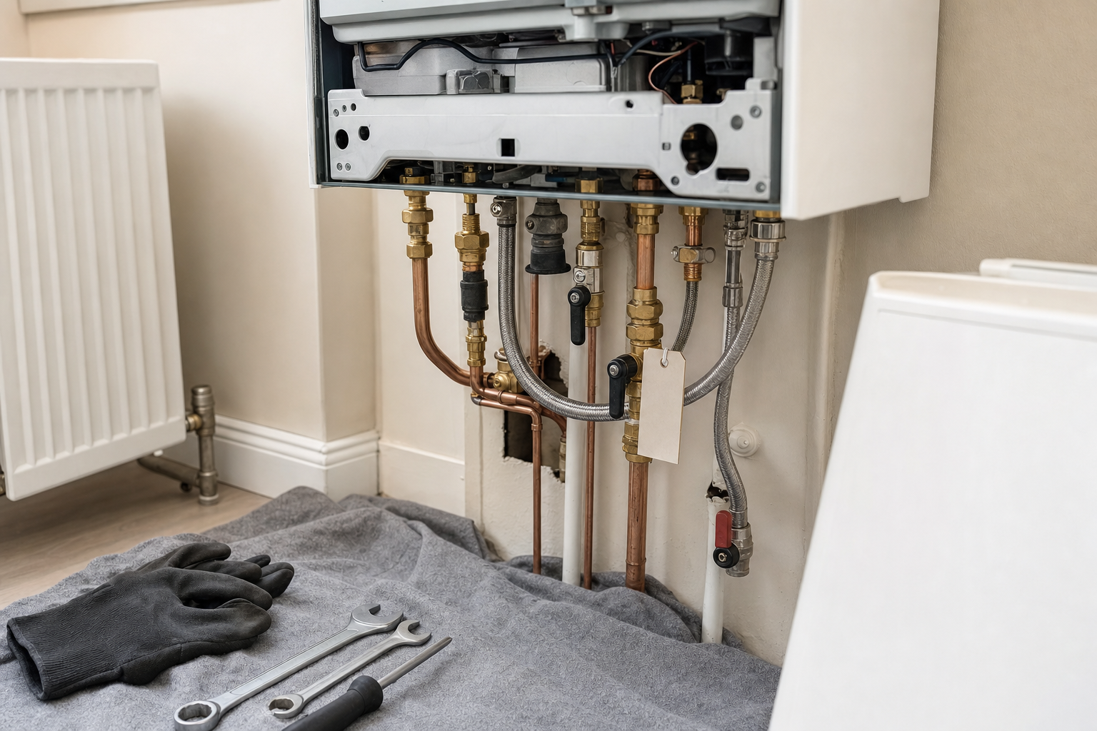 A boiler system with exposed pipes, surrounded by tools and a glove on a grey cloth.