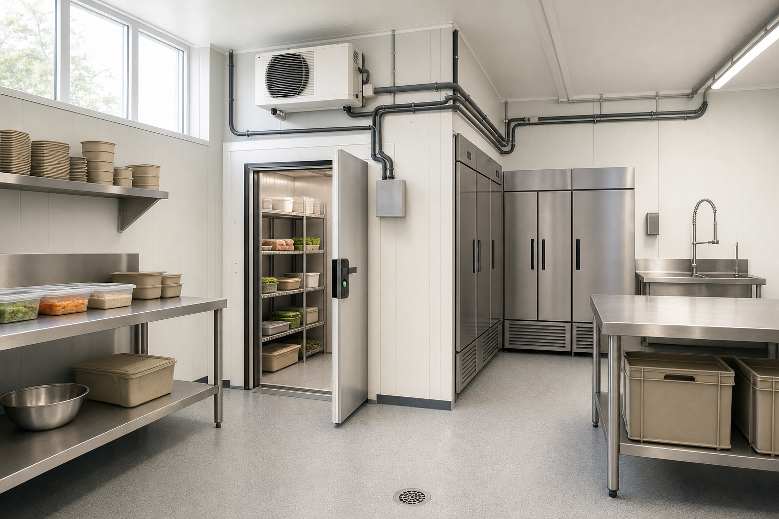 Commercial kitchen with stainless steel counters, open fridge with shelves, and various food containers.
