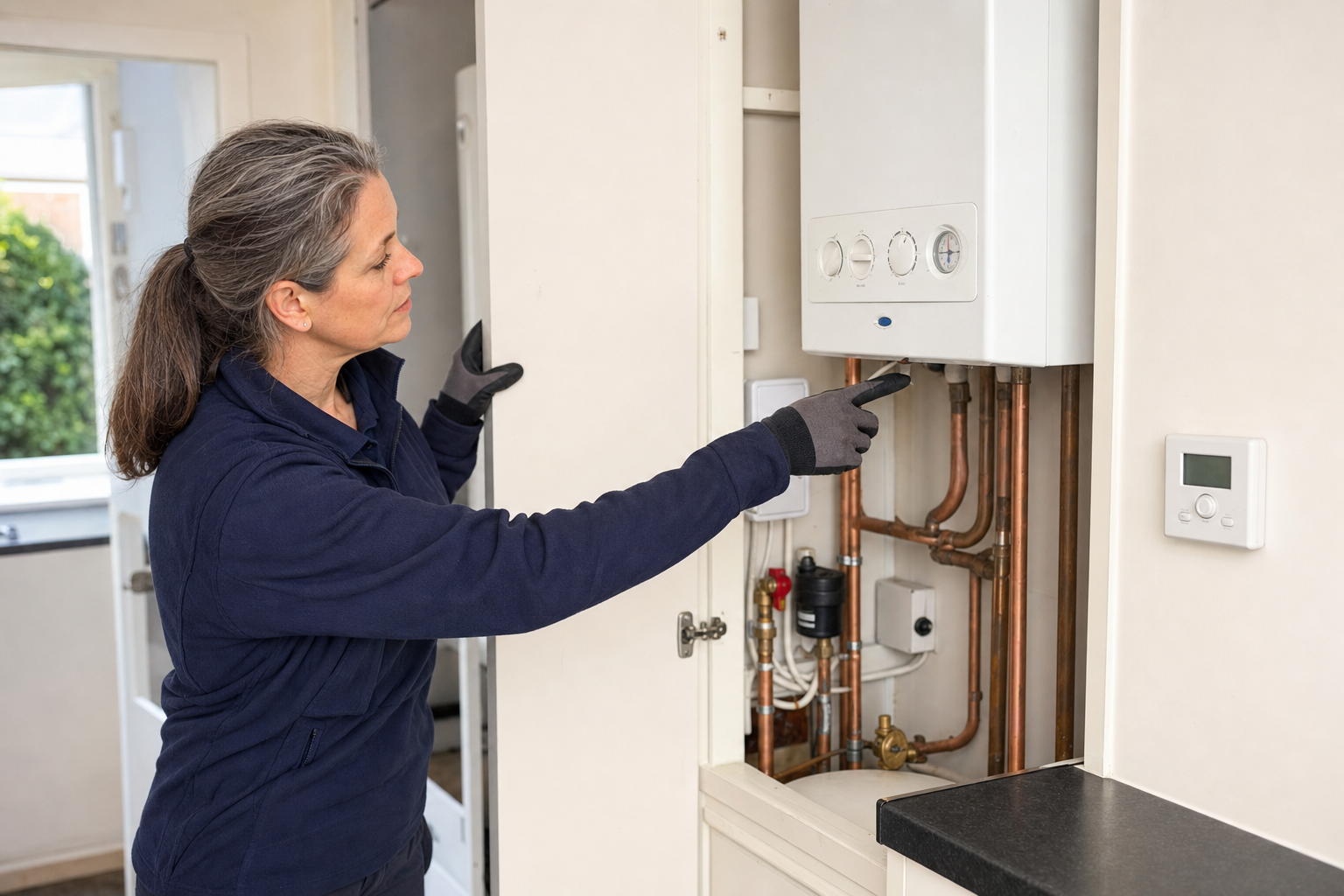 A woman in work attire and gloves adjusts a control on a house boiler system.
