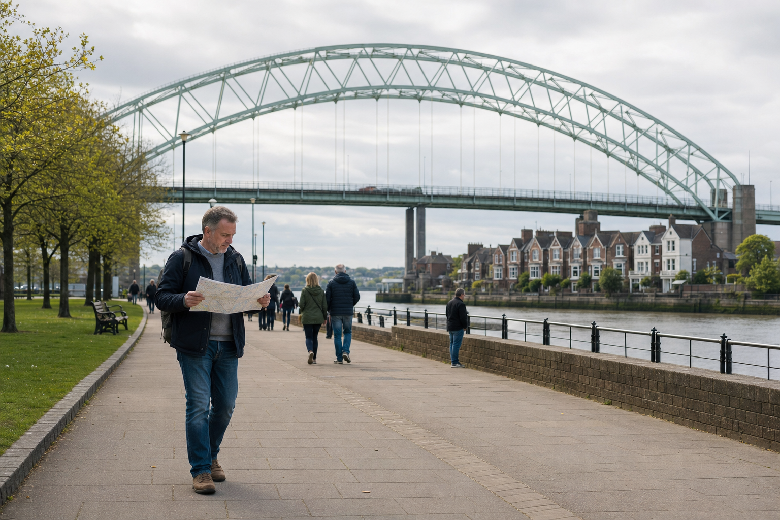 A man reads a map while walking along a riverside path with a large bridge and houses in the background.