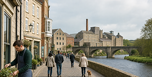 A man tends to plants outside a shop on a riverside walkway with people and historic buildings in the background.
