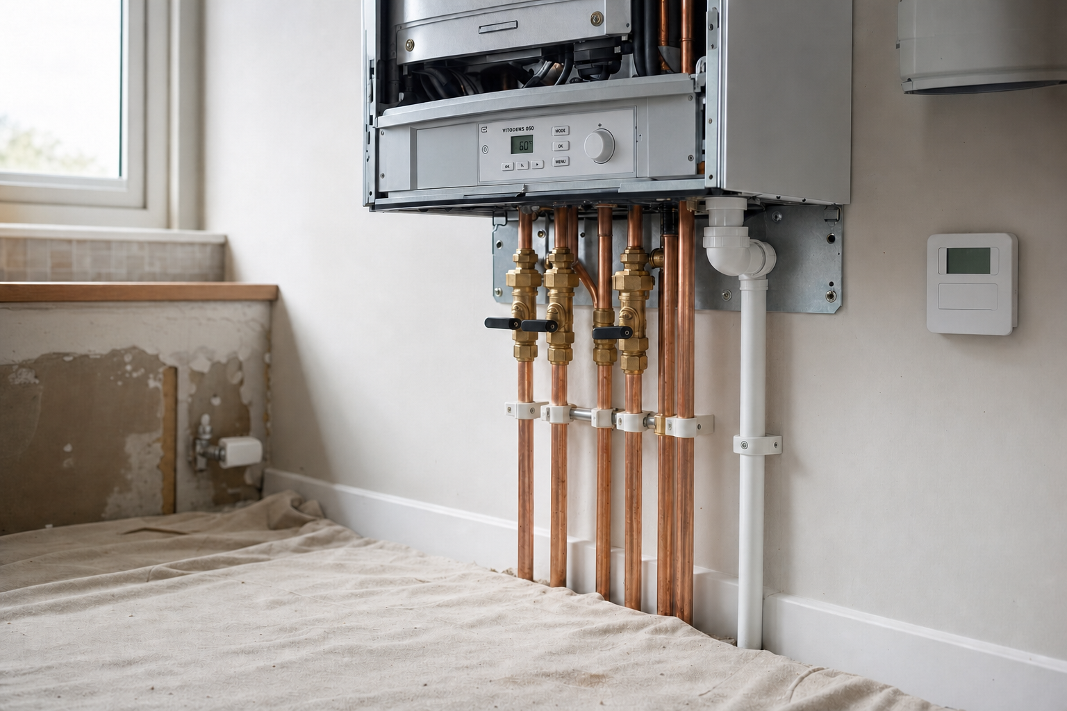An exposed wall-mounted boiler with copper pipes and control valves in a room under renovation.