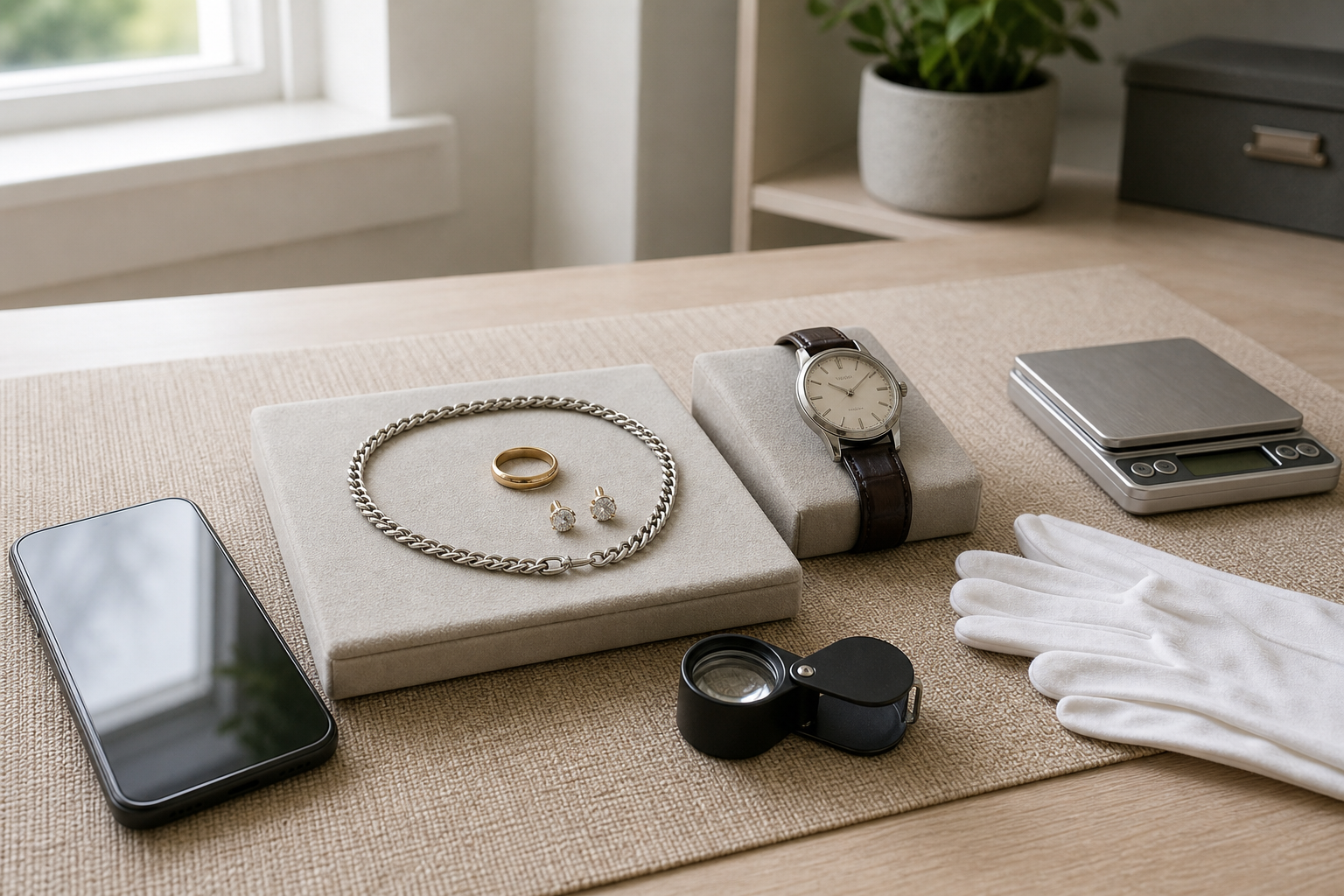 Jewelry and accessories displayed on a table with a watch, smartphone, scale, magnifying glass, and gloves.