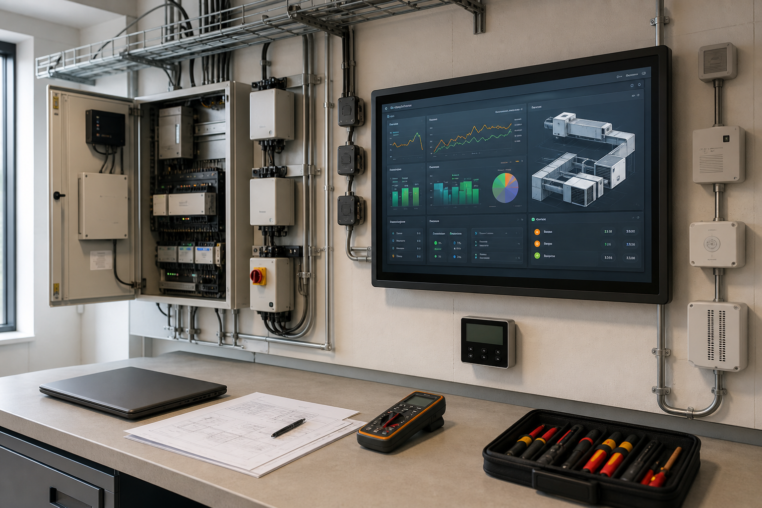 Industrial control room with a data dashboard on the monitor and open electrical panel on the wall.