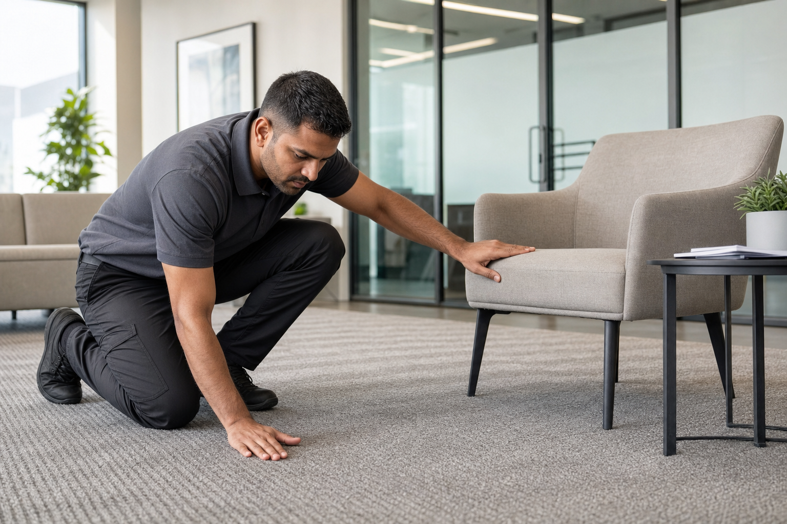 A man kneels on the carpet, inspecting the floor near a grey armchair in a modern office.