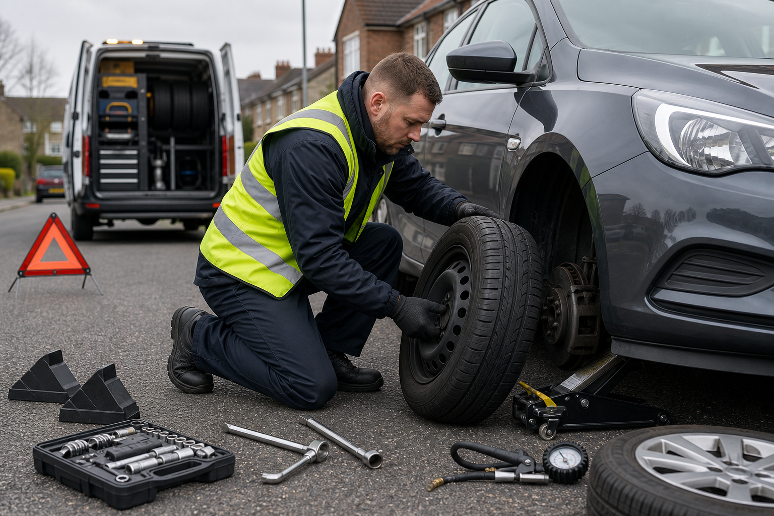 Mechanic changing a car tyre on the roadside with tools and a safety triangle nearby.
