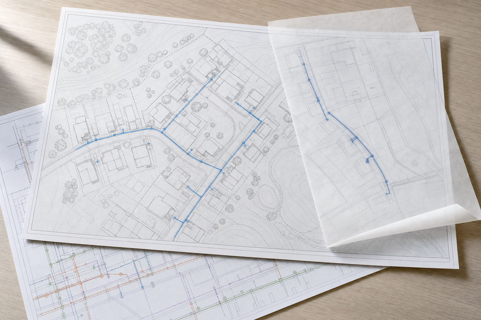 Architectural plans with blue pipeline diagrams overlaid on tracing paper on a wooden desk.