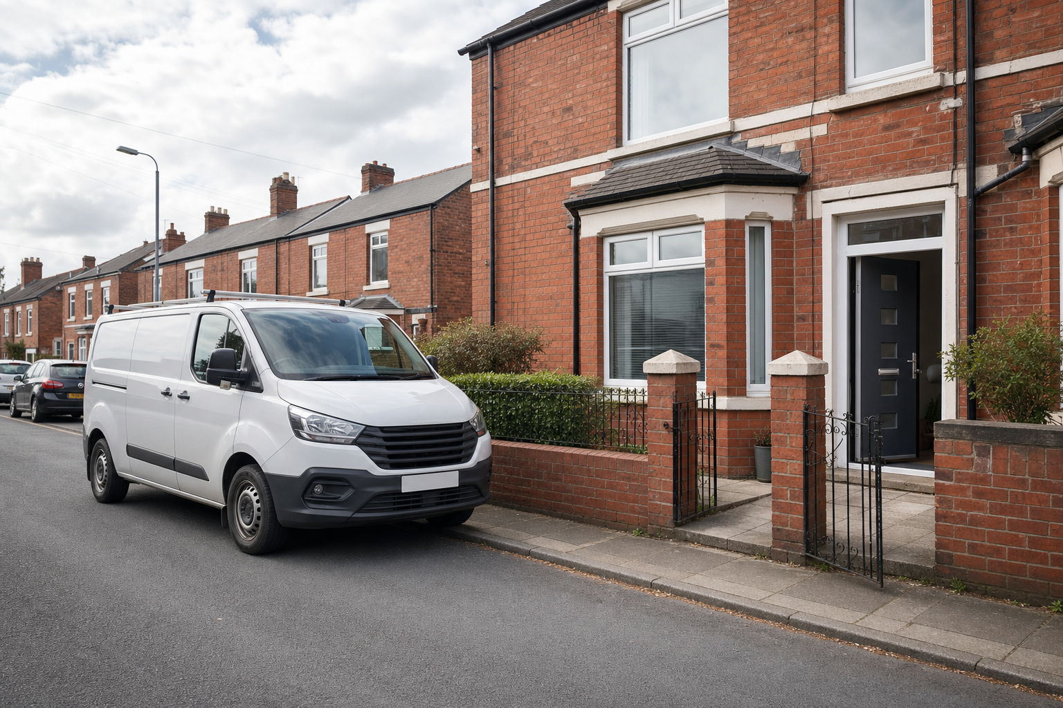 White van parked on a residential street in front of a brick terraced house.