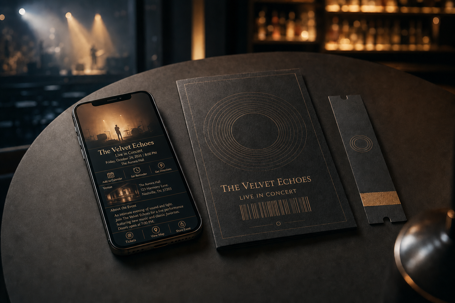 Concert-themed smartphone display and booklet on a table, with a stage visible in the background.