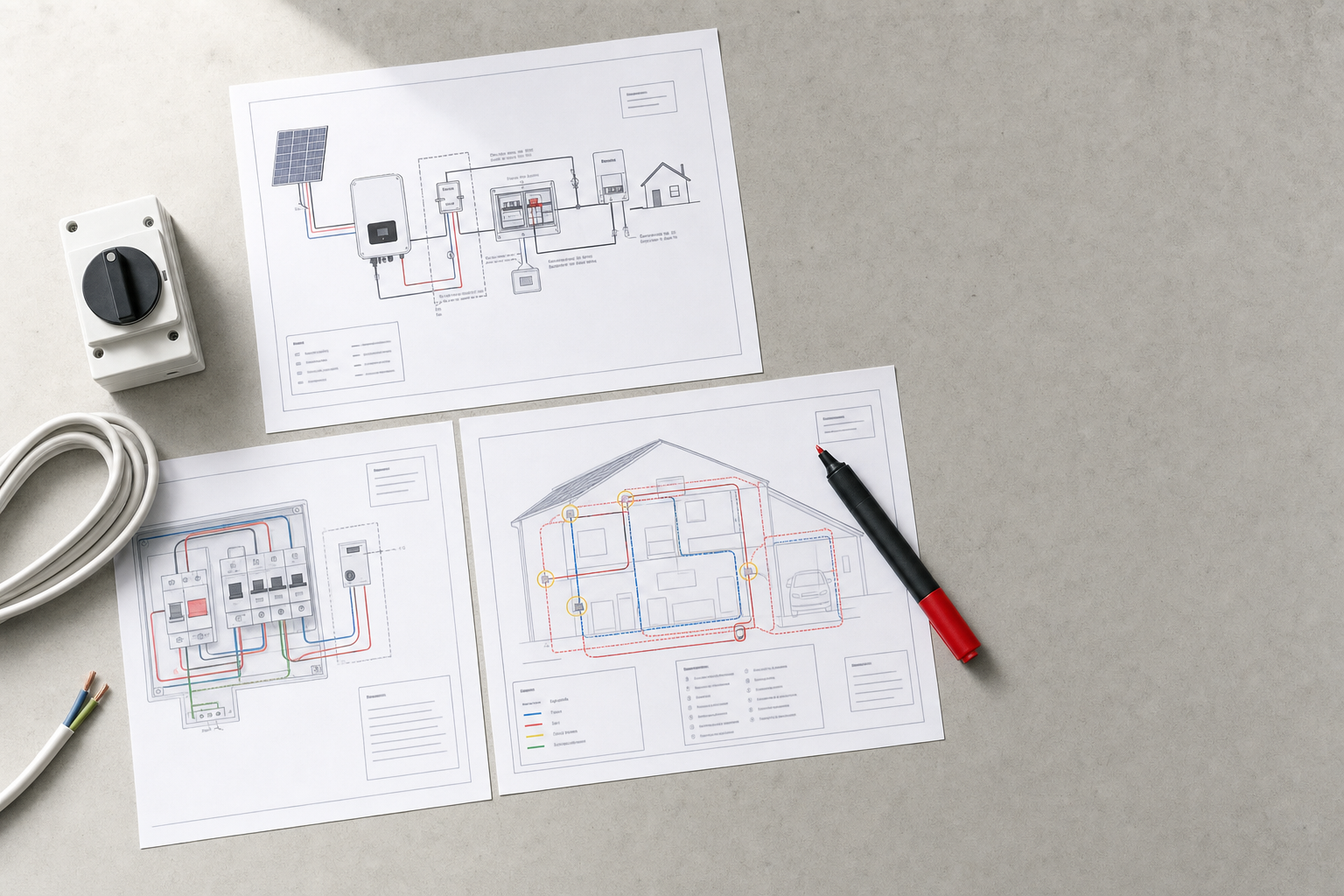 Electrical schematics on a table with a cable, switch, and black pen.