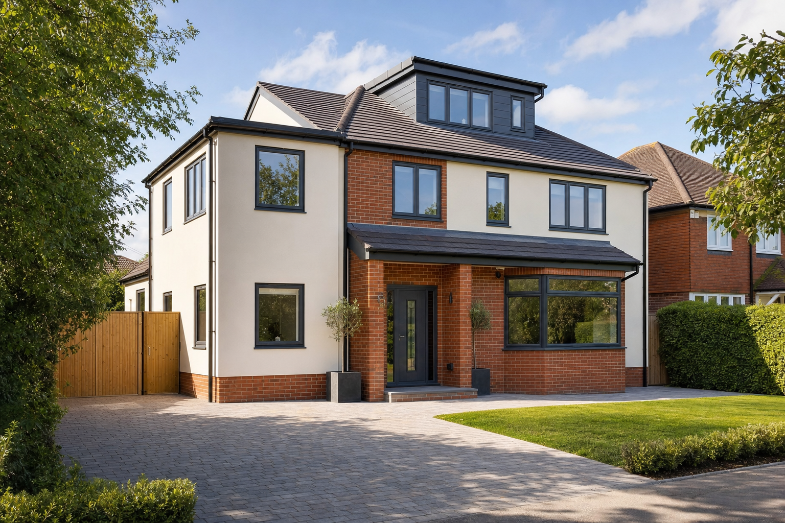 Modern two-storey brick and render house with large windows and a landscaped front garden.