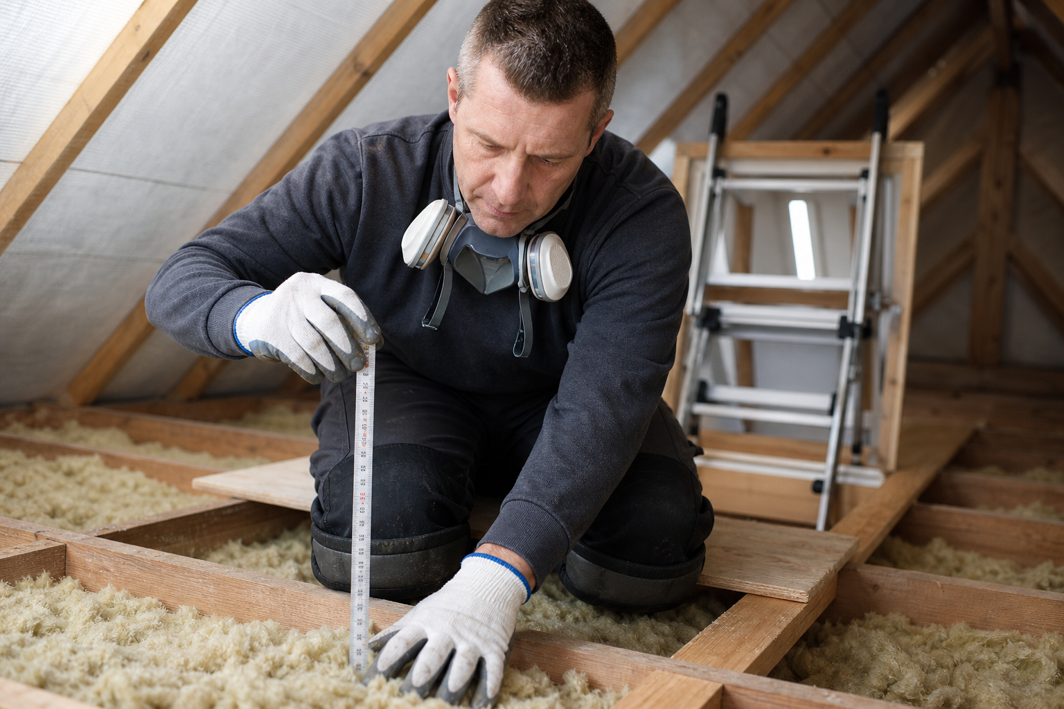 Man in an attic measures insulation thickness with a tape measure, wearing a dust mask around his neck.