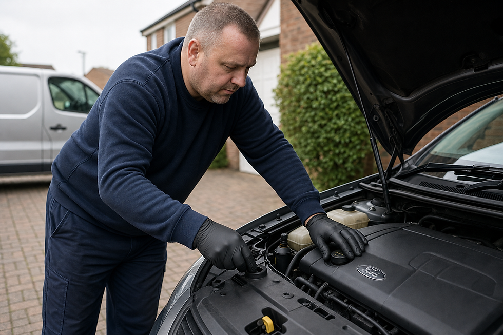 Mechanic in blue jumper and gloves inspects the engine of a car parked on a residential driveway.