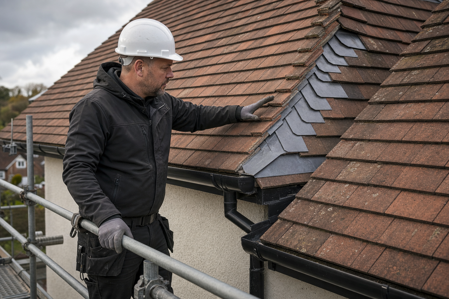 A construction worker in a hard hat inspects the roof tiles on a scaffolded building.