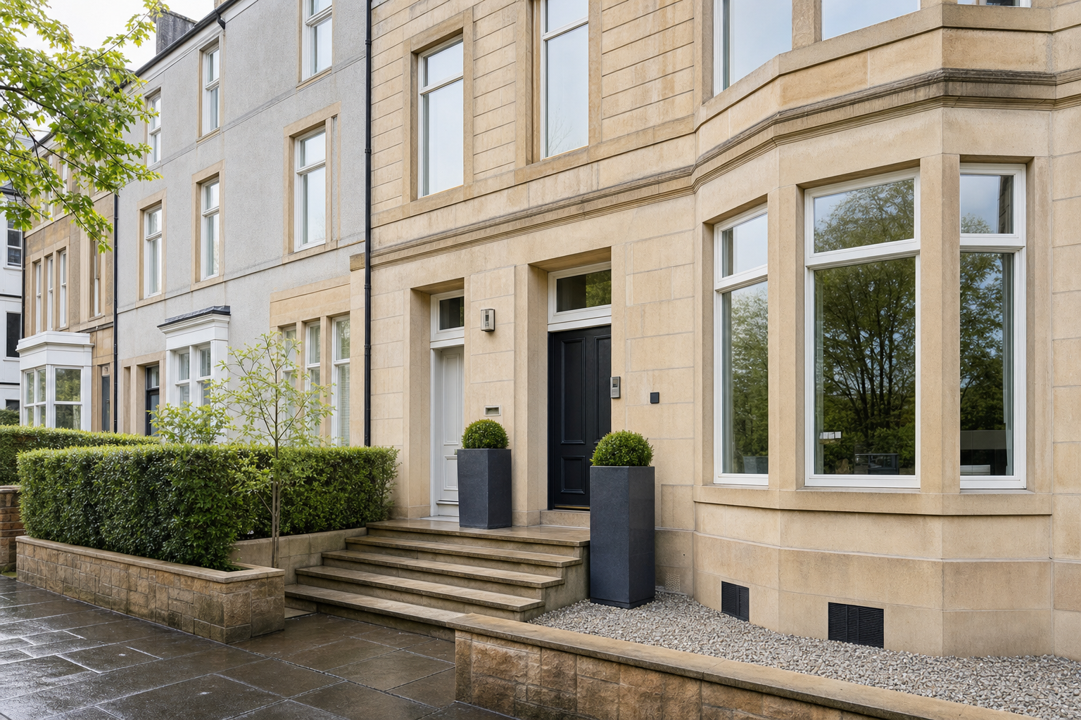 Elegant stone townhouse with large windows, black door, and potted plants on a wet footpath.