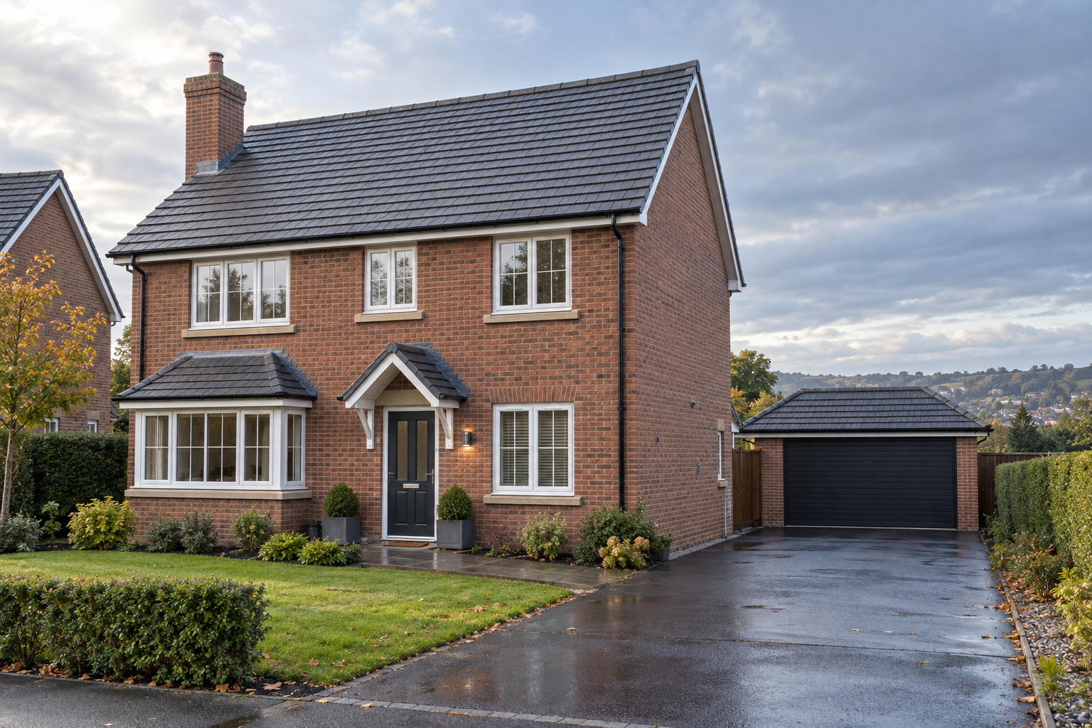 A two-storey red brick house with a clean driveway and a detached garage under a cloudy sky.