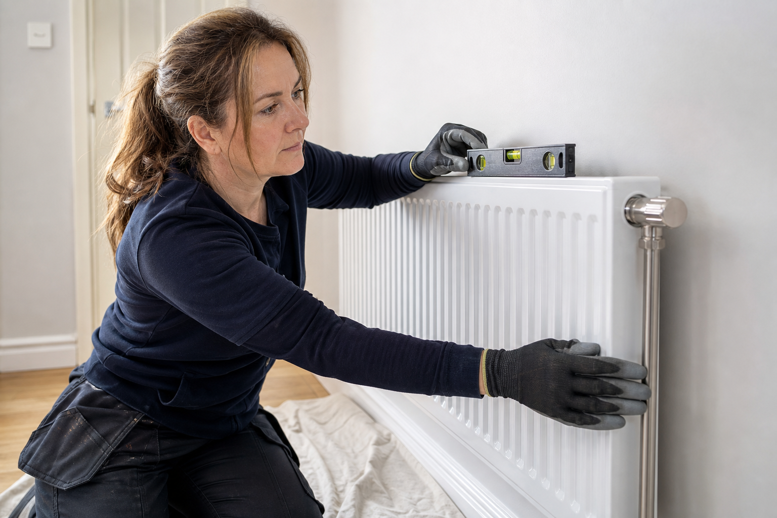 A woman uses a spirit level to install a radiator in a room with wooden flooring.