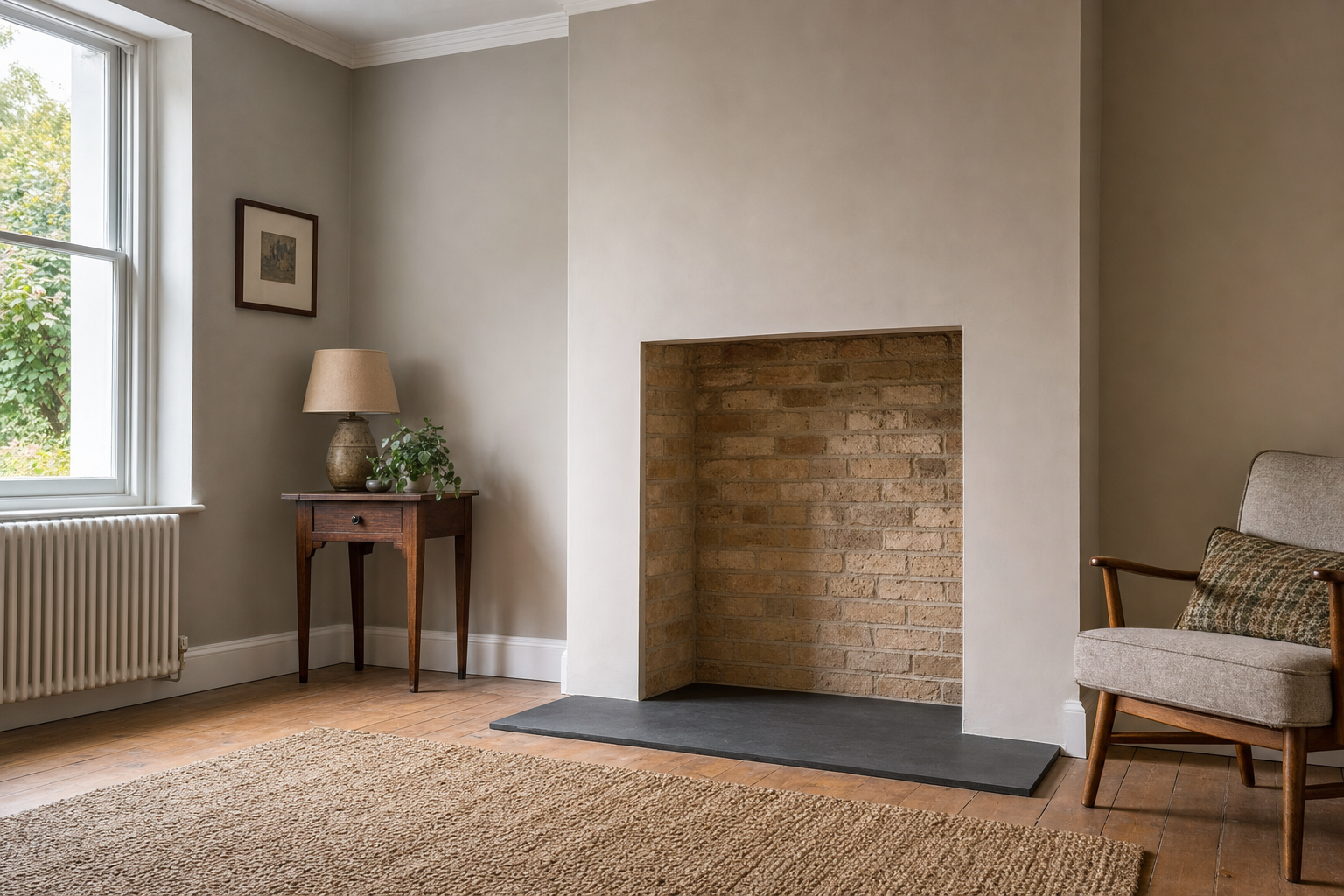 Minimalist living room with a brick fireplace, cosy armchair, and side table near a window.