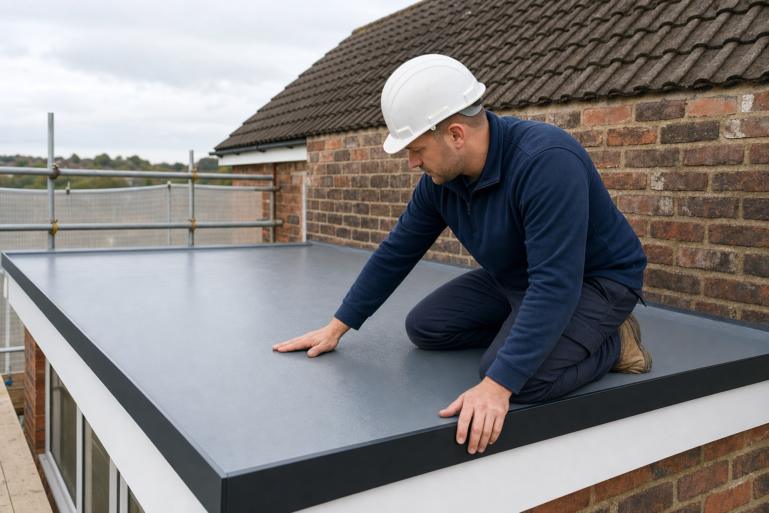 Builder in a hard hat inspecting a flat rooftop on a brick building.