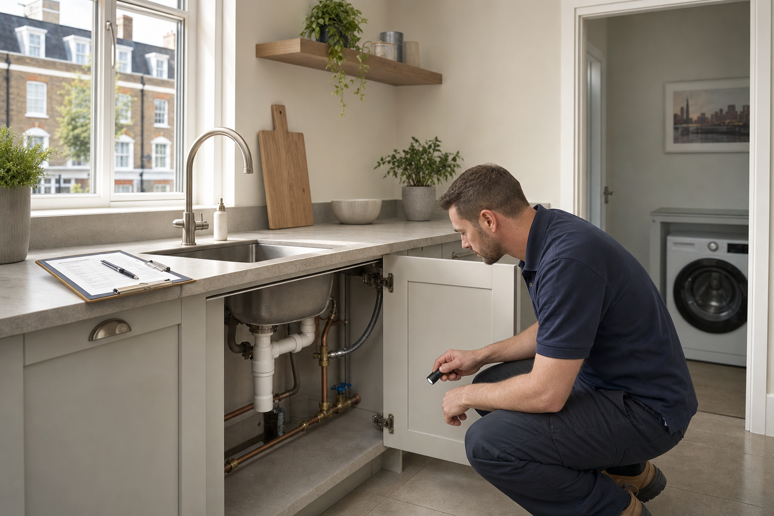 A plumber inspects the plumbing under a kitchen sink with a flashlight in a bright, modern kitchen.