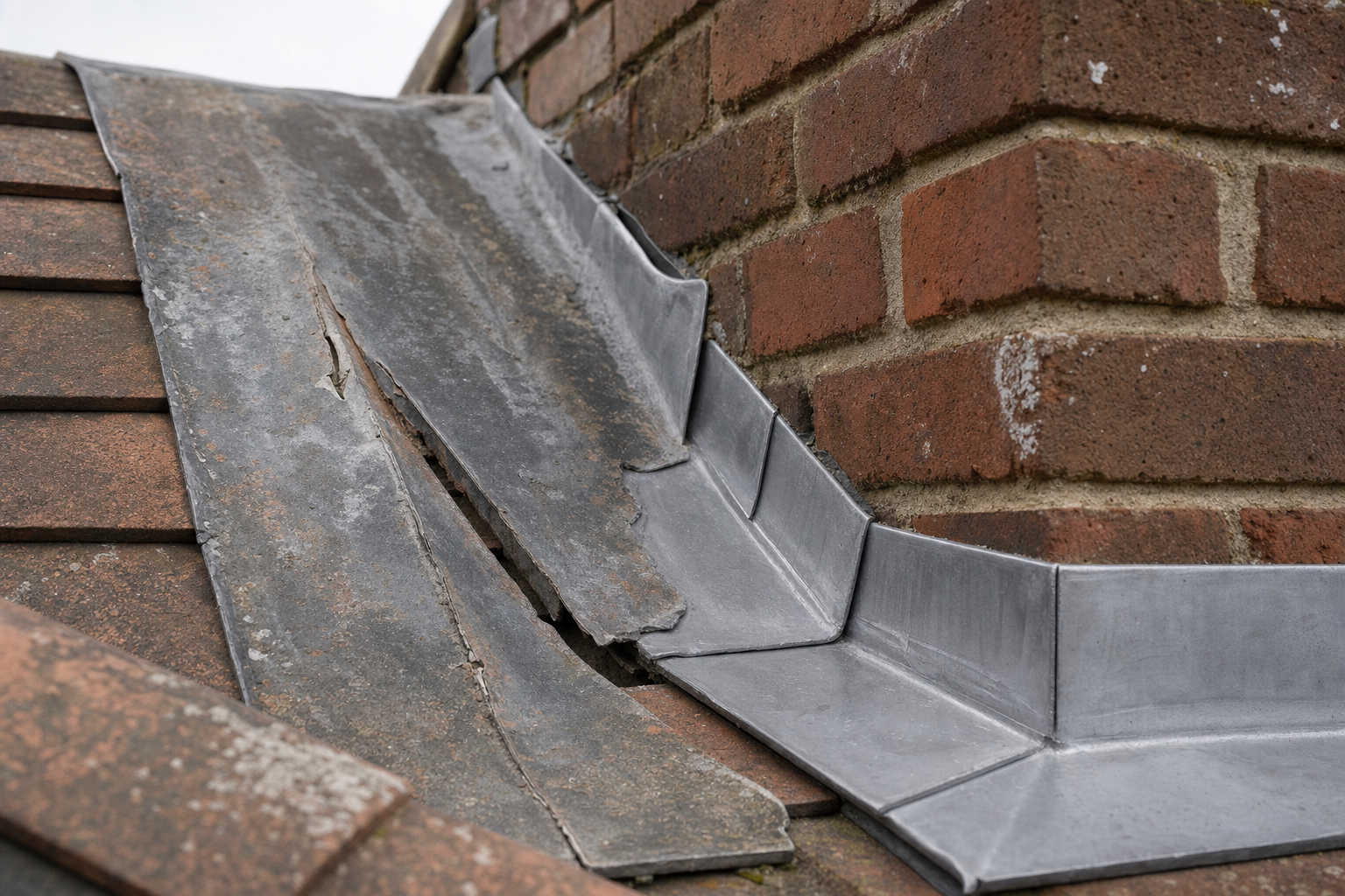 Worn lead flashing on a roof next to a brick chimney.
