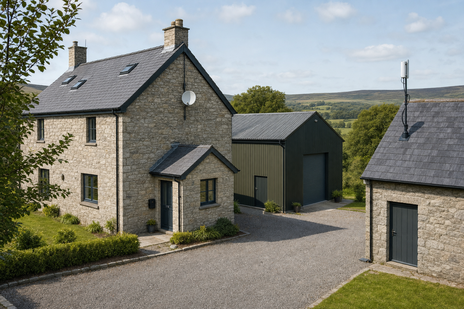 Stone cottage with slate roof in a rural landscape, accompanied by a modern garage and outbuilding, under a blue sky.