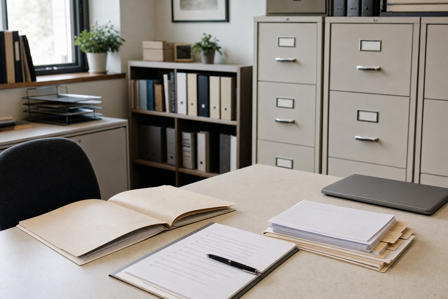 An organised office space with an open file, stack of papers, and a pen on the desk, surrounded by filing cabinets and bookshelves.