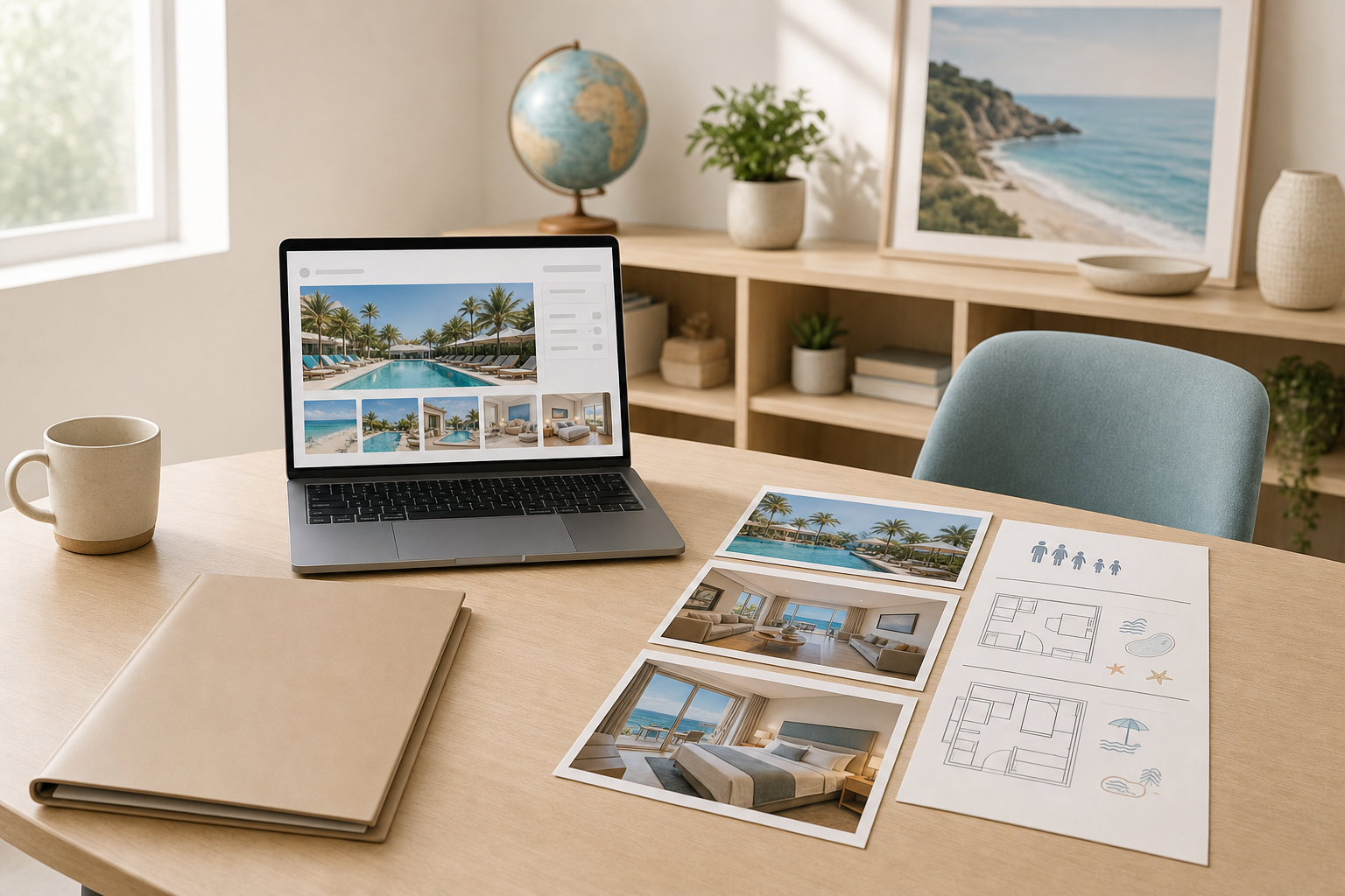 Laptop and holiday photos on a desk in a bright, cosy office setting.