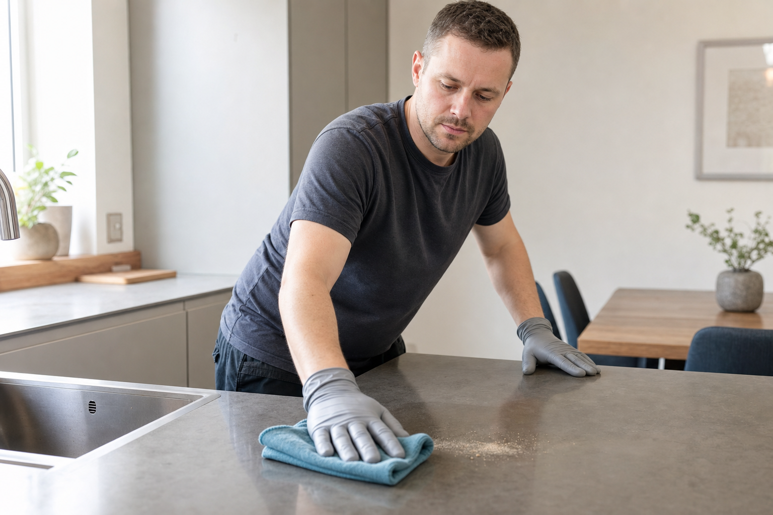 Man wearing gloves cleans a kitchen worktop with a blue cloth, in a brightly lit modern kitchen.