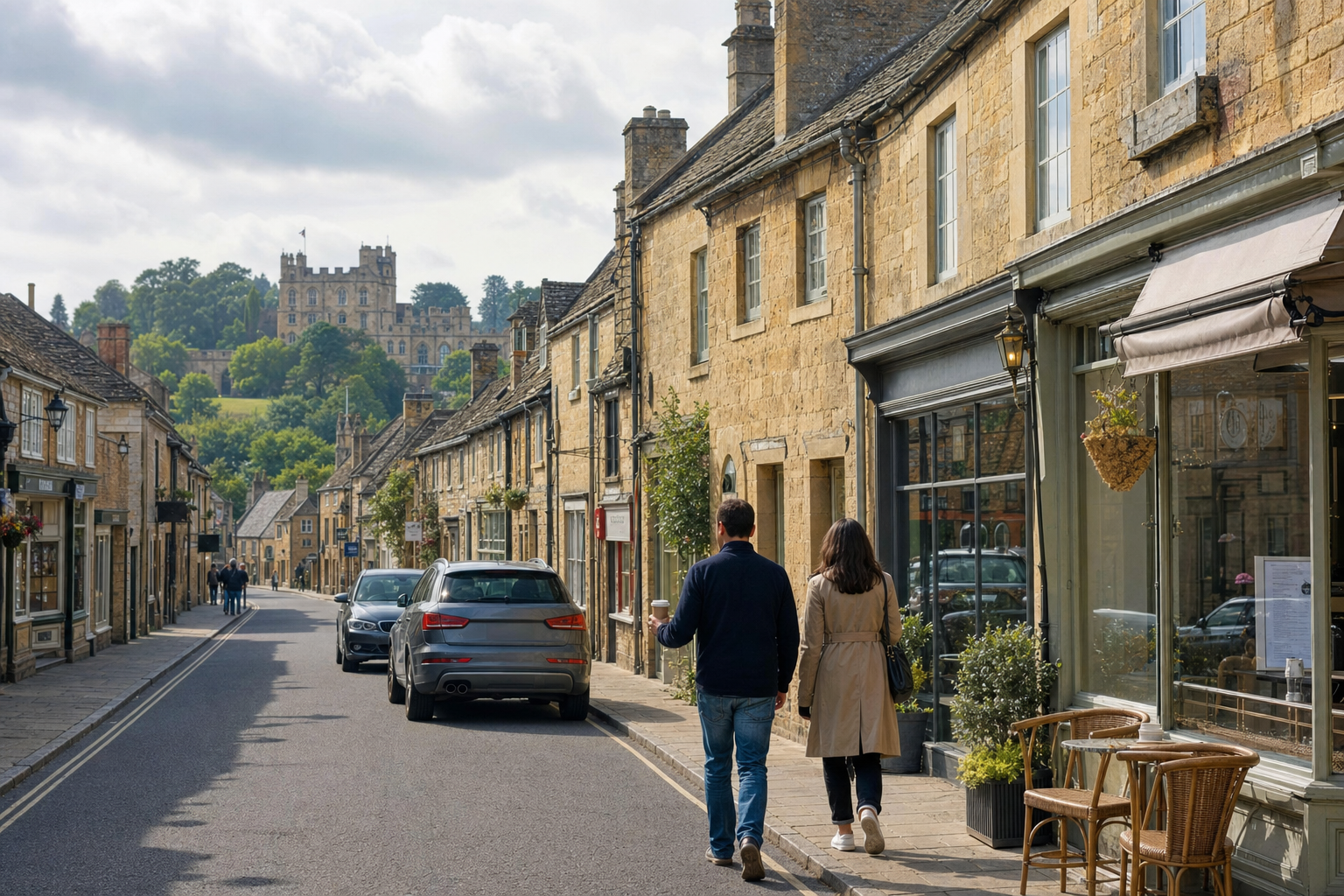 Couple walking along a quaint village street with historic stone buildings and a castle on a hill in the background.