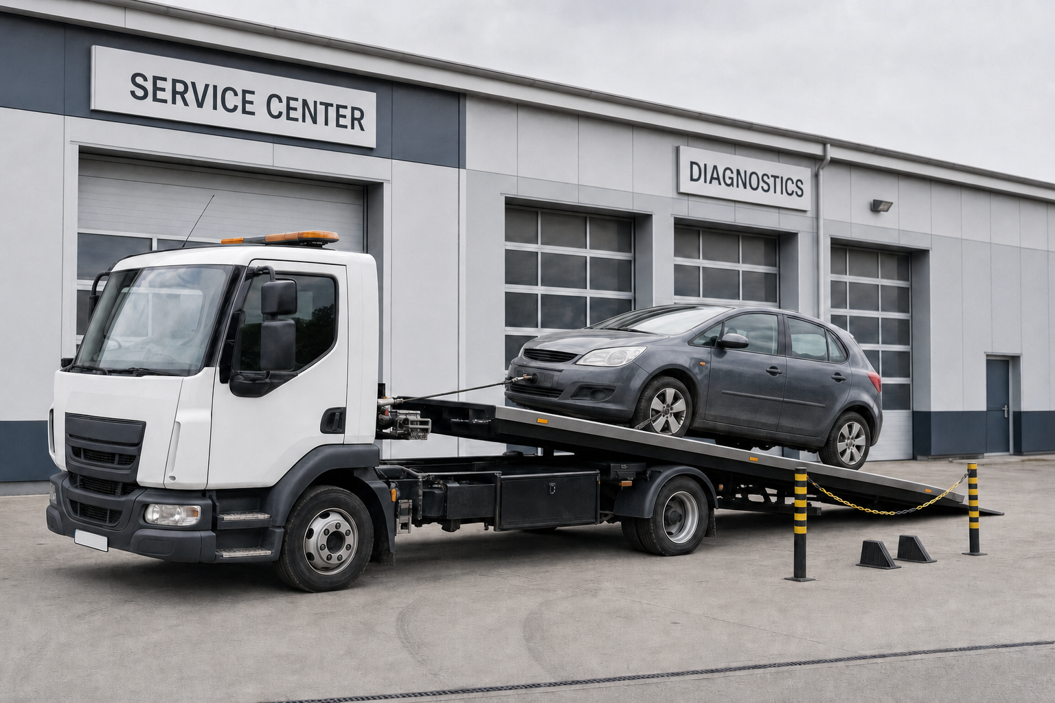 A tow truck unloading a car at a service centre.