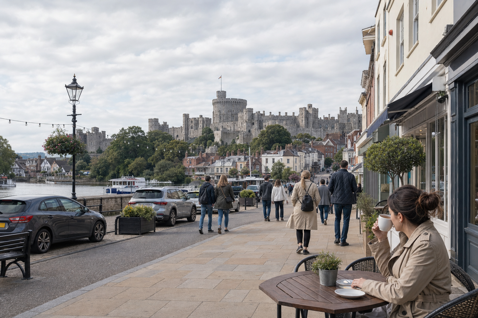 A woman enjoys a coffee at a riverside café with Windsor Castle in the background and people walking along the street.