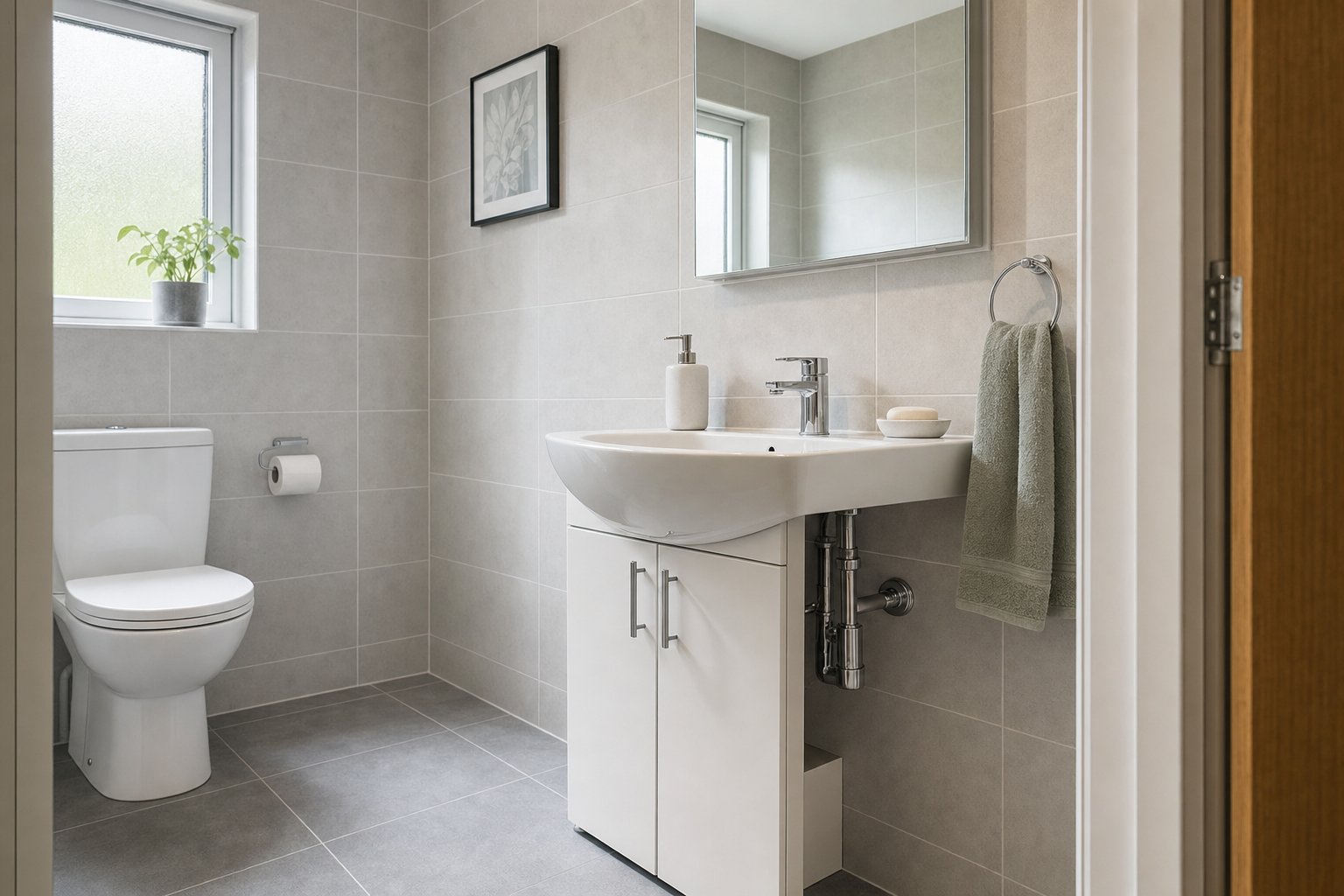 Modern bathroom with tiled walls, a white toilet, a sink with a towel, and a plant on the windowsill.