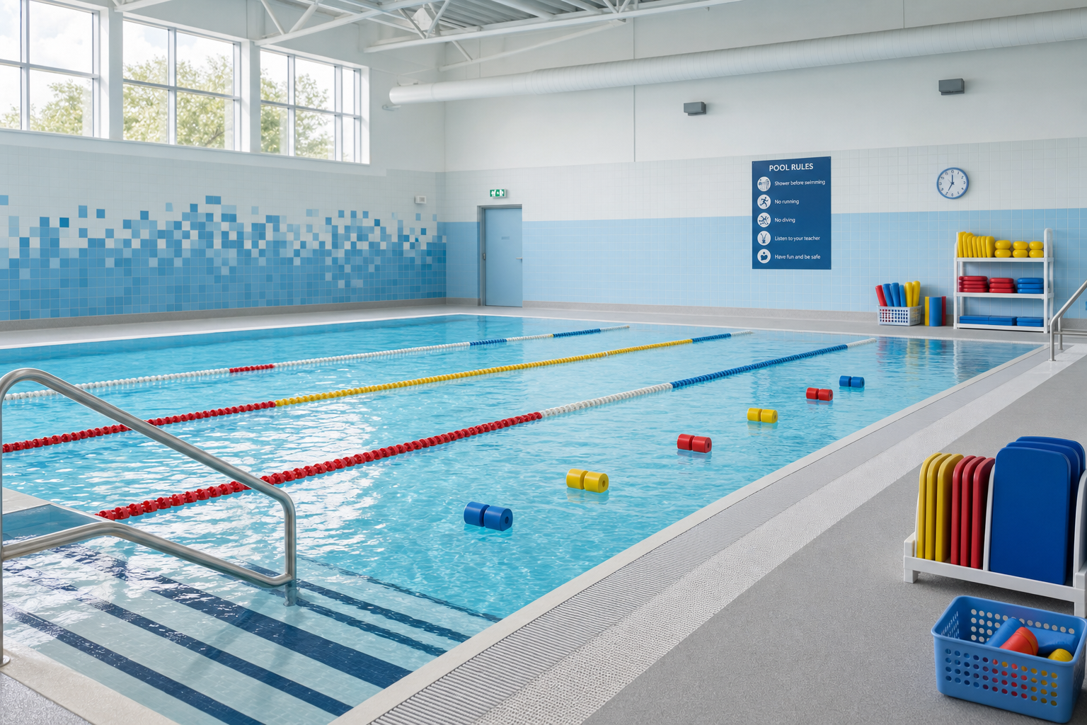 Indoor swimming pool with lane dividers and colourful pool equipment under a bright skylight.
