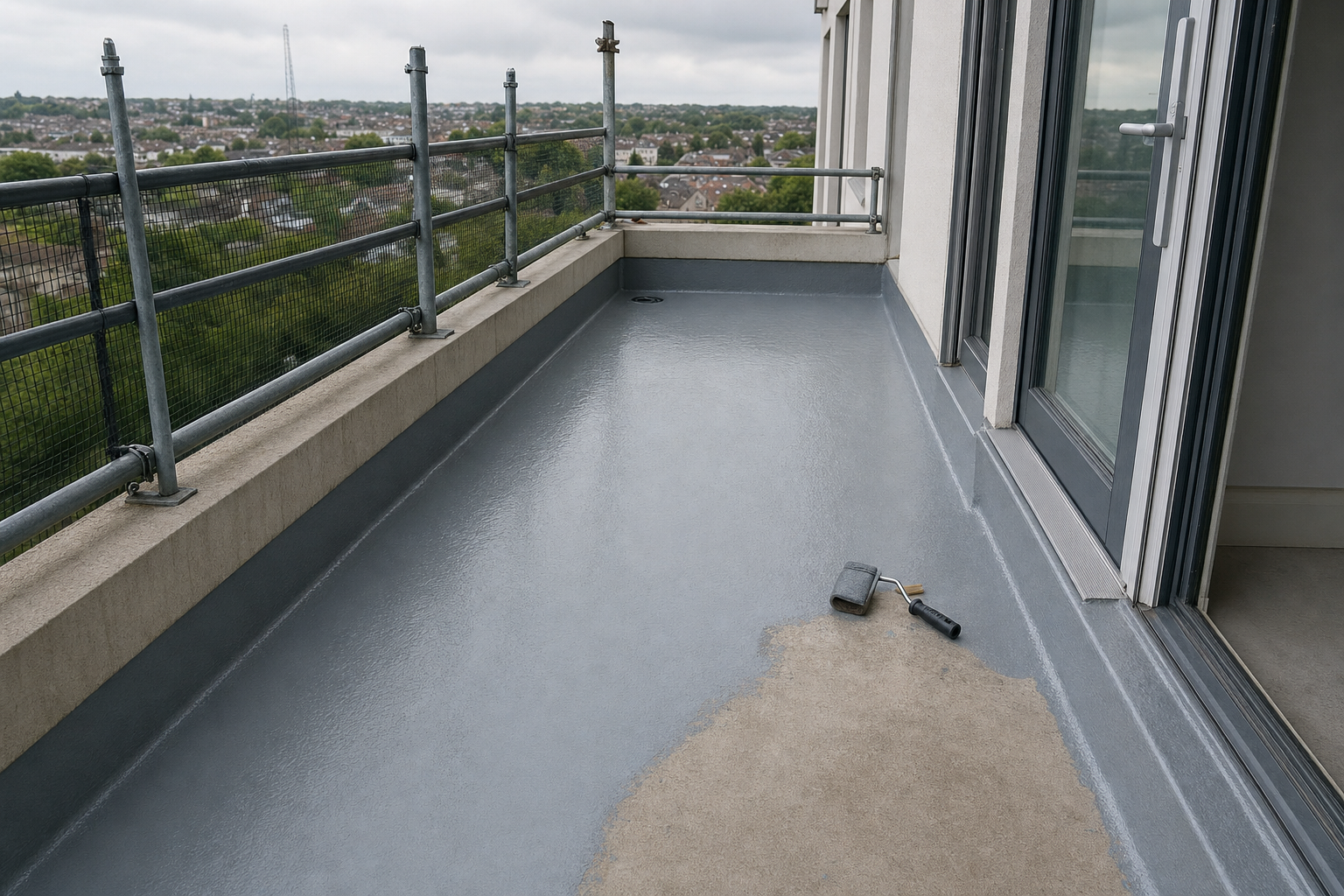 A partially painted balcony floor with a paint roller by the door overlooking a residential area.